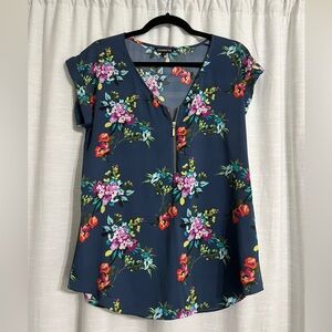 Front zip v neck blouse from Express in navy with floral print